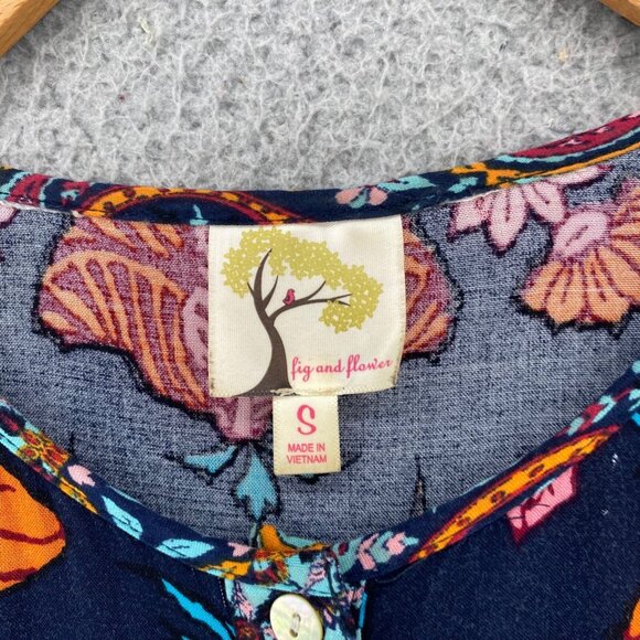 Fig & Flower Top Womens Small Navy Multi Floral 3/4 Sleeve Tunic 1/4 Button Up - Picture 5 of 10